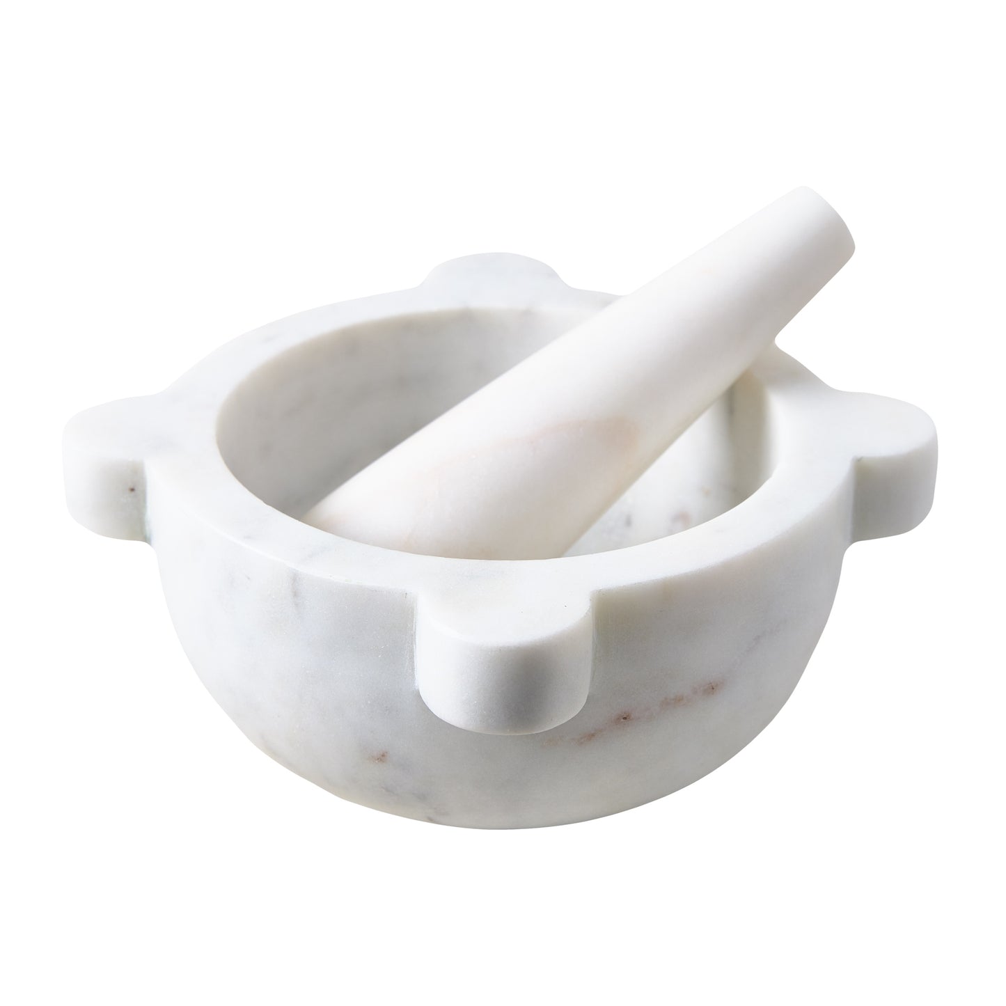 Diane Keaton + Hudson Grace white marble mortar and pestle with natural variations.
