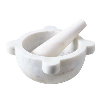 Diane Keaton + Hudson Grace white marble mortar and pestle with natural variations.