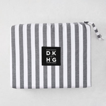 Diane Keaton + Hudson Grace Yarn Dyed Striped Percale Sheet Set, folded with black and white stripes.