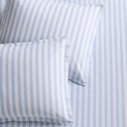 Dobby Blue Stripe Cotton Duvet Set with two shams, featuring subtle textured blue and white stripes.