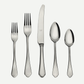 Dolce Vita 5-piece flatware set: shiny 18/10 stainless steel dinner knife, two forks, and two spoons.