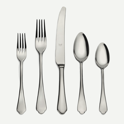 Dolce Vita 5-piece flatware set: shiny 18/10 stainless steel dinner knife, two forks, and two spoons.