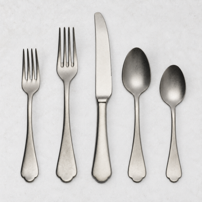 Dolce Vita 5-piece flatware set in matte stainless steel with vintage Neo-Baroque design on a white background.