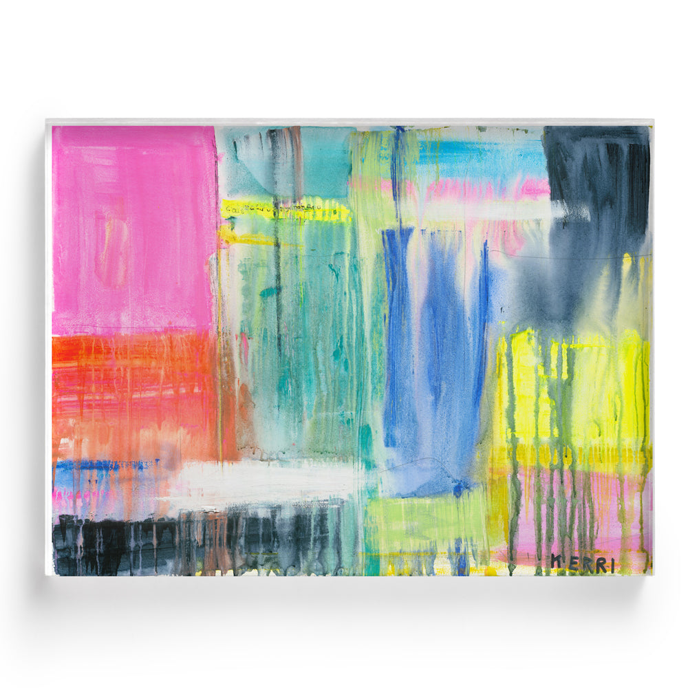 Kerri Rosenthal "Don't Rain On My Parade" abstract art print with vibrant colors and a white frame.