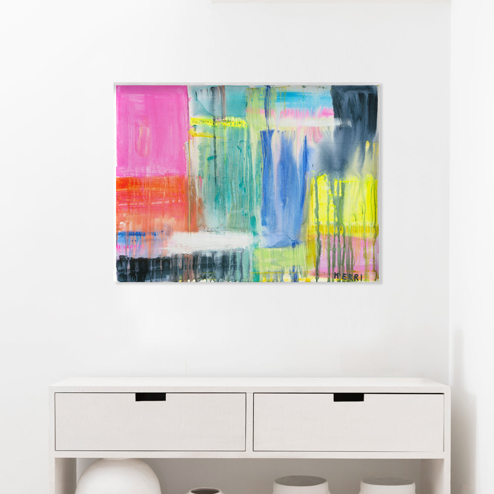 Kerri Rosenthal "Don't Rain On My Parade" abstract art print with bold pink, blue, yellow, and black colors.