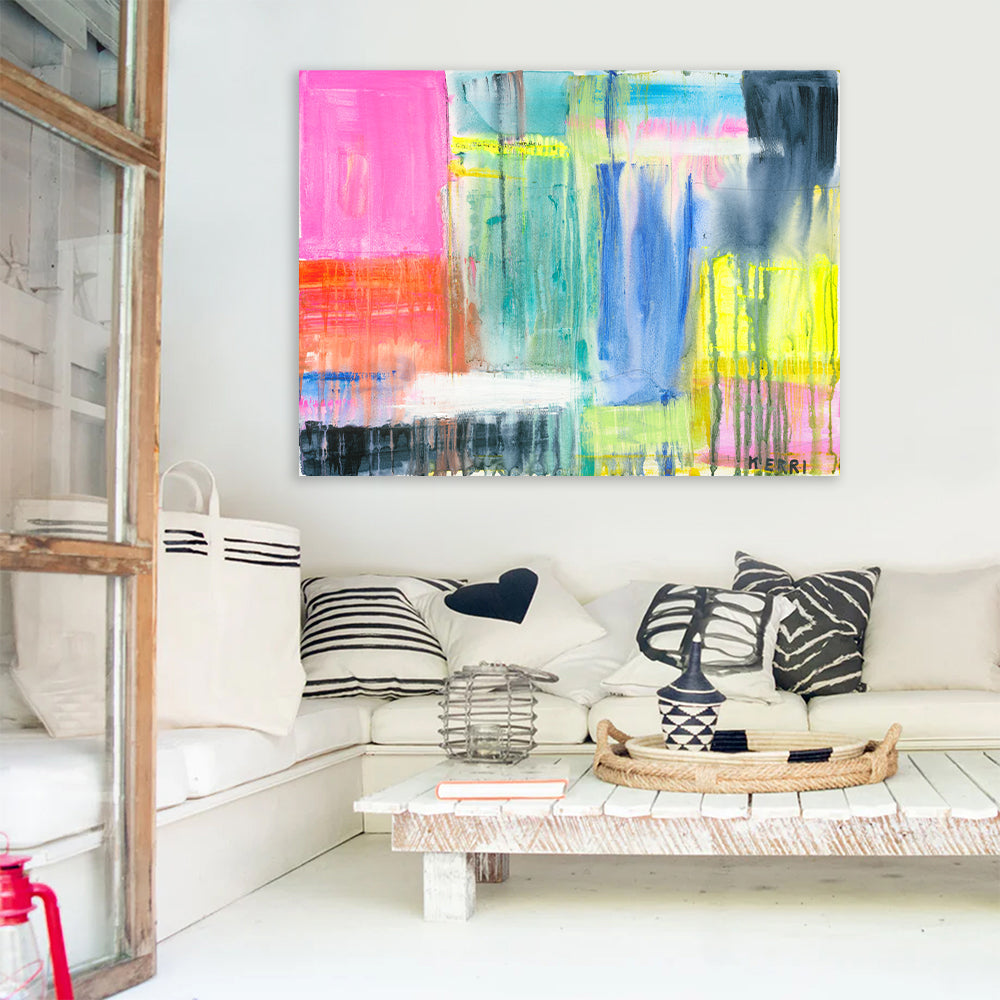 Kerri Rosenthal "Don't Rain On My Parade" abstract art print with bold pink, blue, yellow, and black strokes.