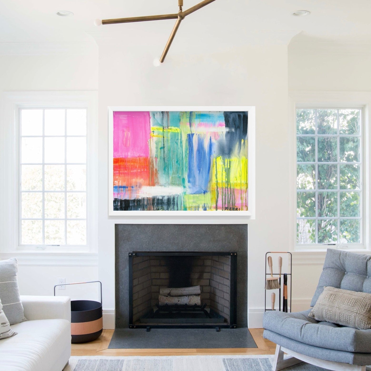 Don't Rain On My Parade" abstract art print by Kerri Rosenthal, vibrant colors, white frame, above fireplace.