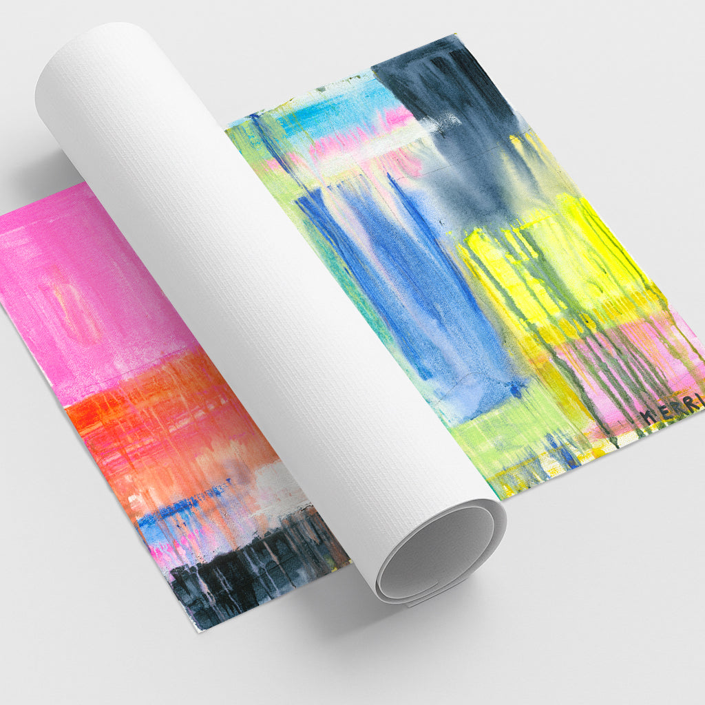 Kerri Rosenthal "Don't Rain On My Parade" art print, rolled, with bold pink, orange, blue, yellow, and black abstract strokes.