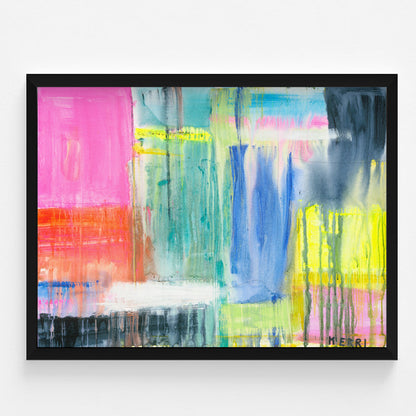 Kerri Rosenthal "Don't Rain On My Parade" art print, vibrant abstract with pink, blue, yellow, black frame.