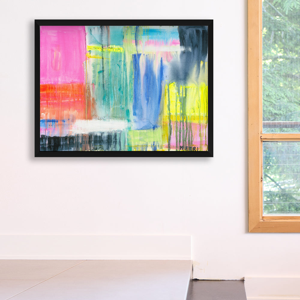 Don’t Rain On My Parade" abstract art print by Kerri Rosenthal, framed in black, featuring bold pink, blue, yellow, and red.