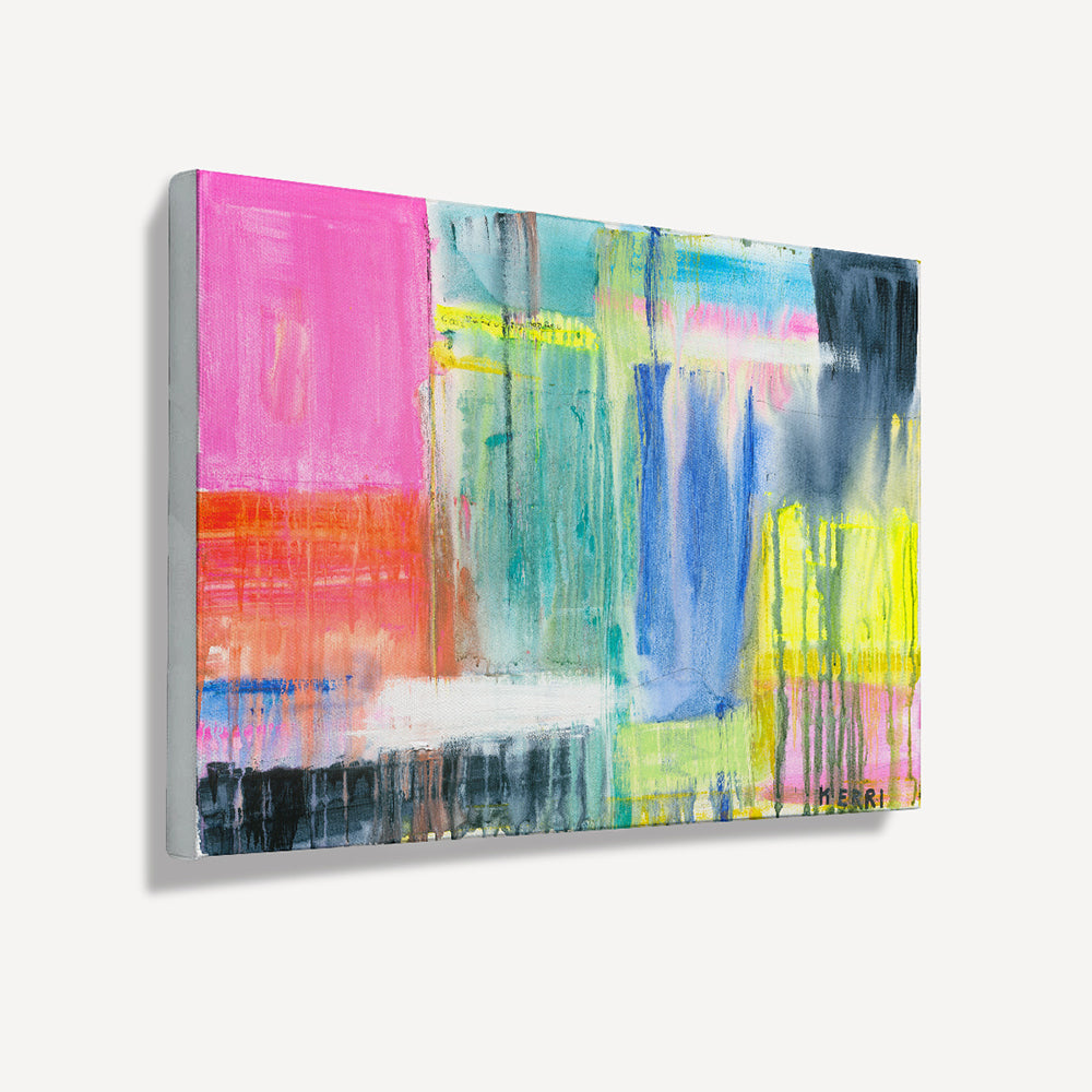 Kerri Rosenthal "Don't Rain On My Parade" abstract art print with bold pink, blue, yellow, and black colors.