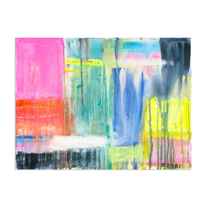 Kerri Rosenthal's "Don't Rain On My Parade" art print, vibrant abstract with pink, blue, yellow, and black.
