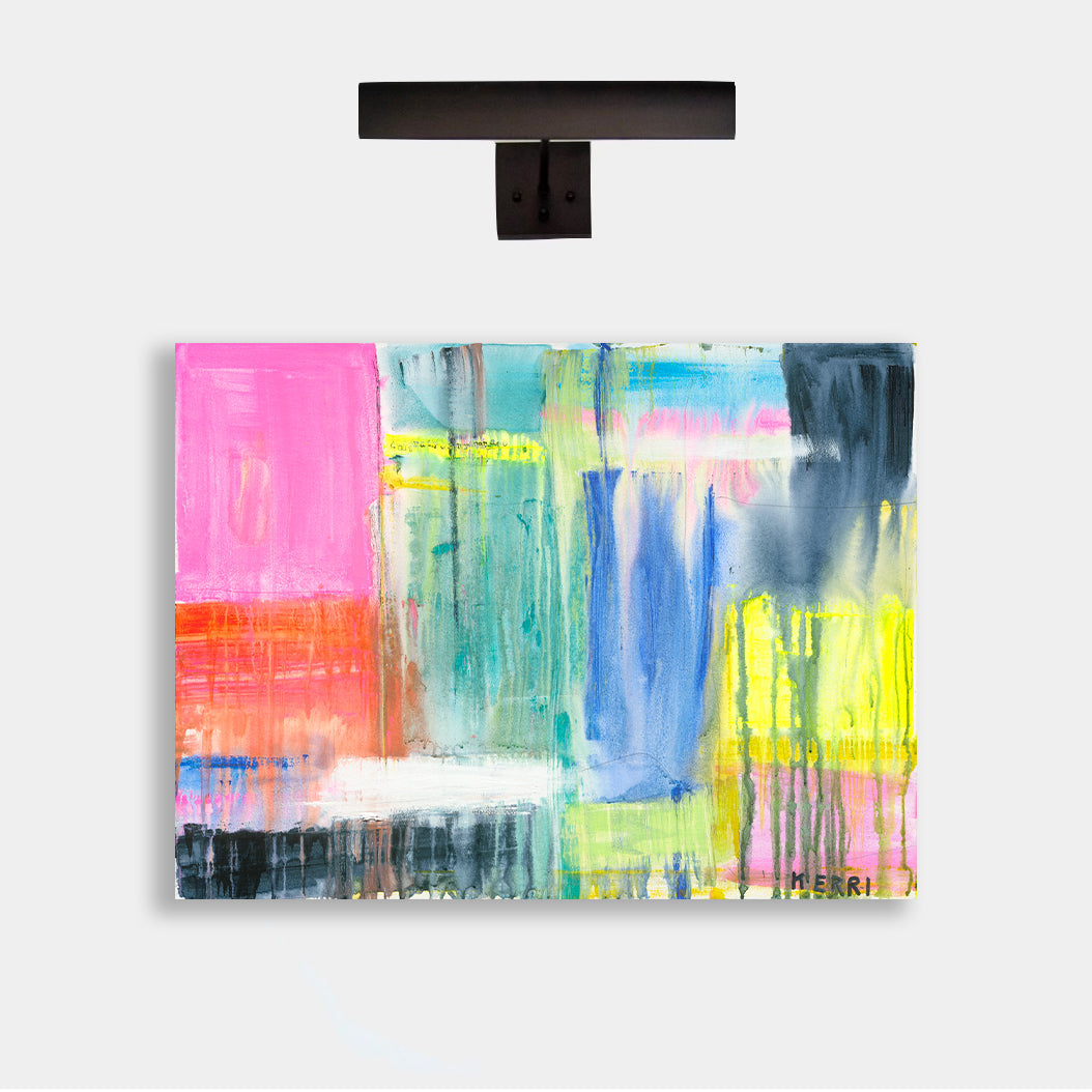 Don't Rain On My Parade" art print by Kerri Rosenthal, a vibrant abstract with pink, blue, yellow, and black.