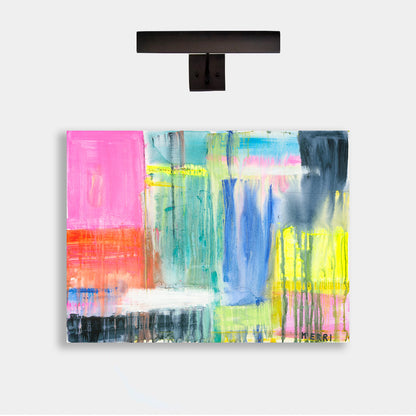Don't Rain On My Parade" art print by Kerri Rosenthal, a vibrant abstract with pink, blue, yellow, and black.