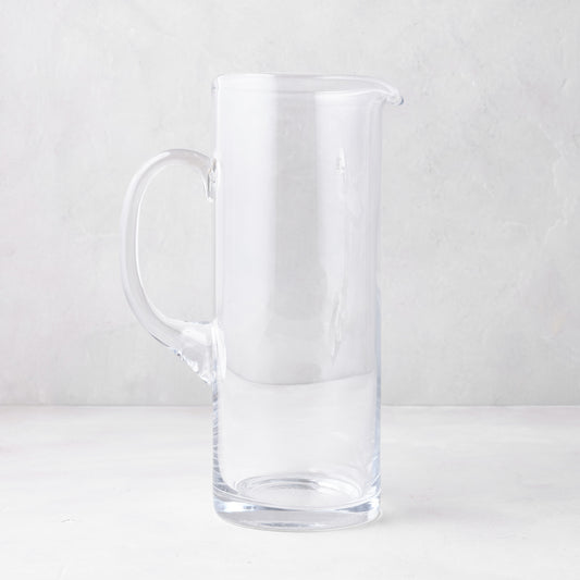 Downtown Tall Glass Bar Pitcher, clear, straight-sided design, with handle and pour spout.