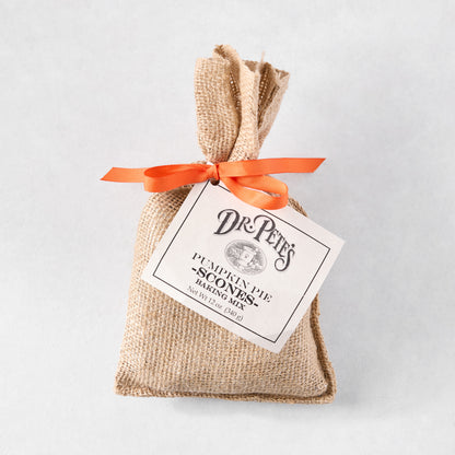 Dr. Pete's Pumpkin Pie Scones Baking Mix in a burlap bag with an orange ribbon and tag.