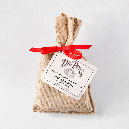Dr. Pete's Strawberries & Cream Scones baking mix in a burlap bag with a red ribbon and white label.