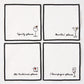 Set of 4 white cotton coasters with black embroidered cocktail designs: Spritz, Martini, Old Fashioned, Champagne.