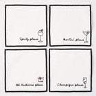 Set of 4 white cotton coasters with black embroidered cocktail designs: Spritz, Martini, Old Fashioned, Champagne.