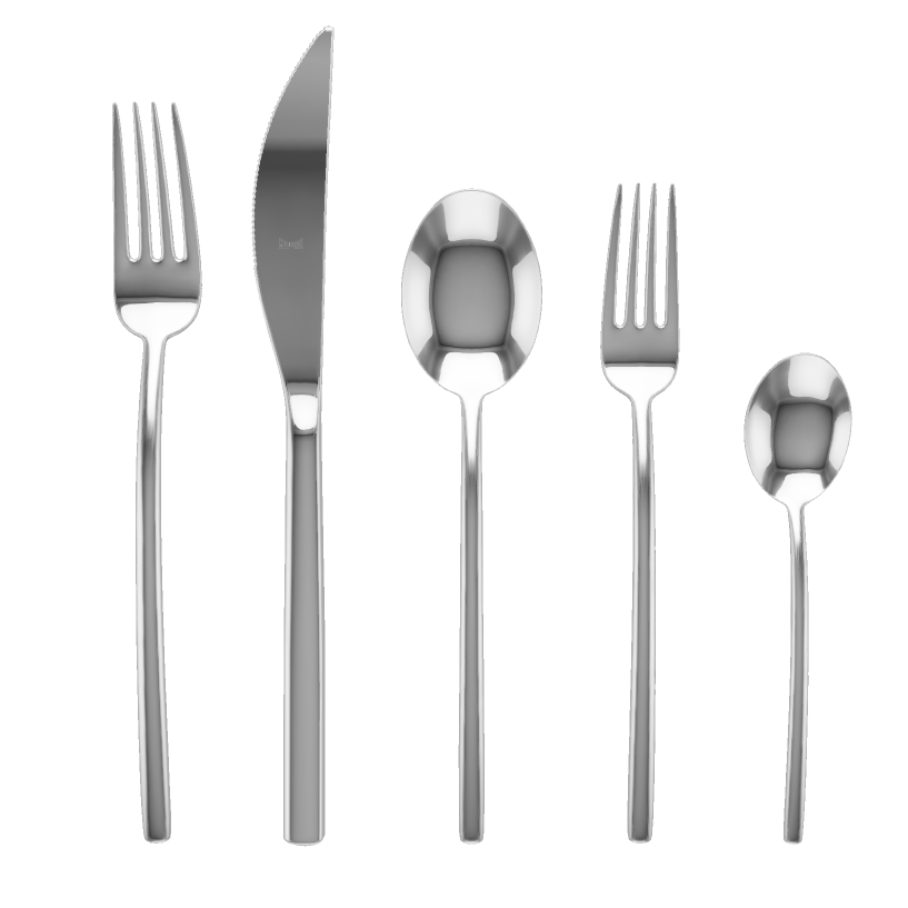 Due 5-piece flatware set: sleek silver 18/10 stainless steel dinner fork, knife, soup spoon, salad fork, teaspoon.