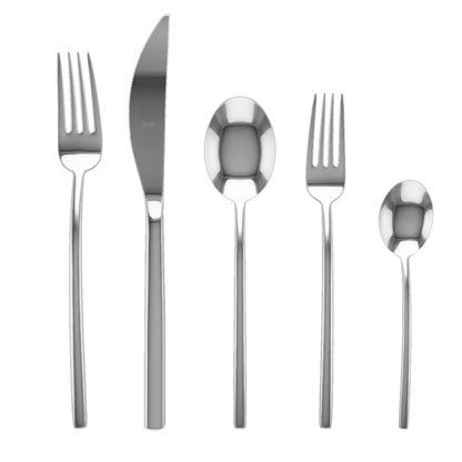 Due 5-piece flatware set: sleek silver 18/10 stainless steel dinner fork, knife, soup spoon, salad fork, teaspoon.