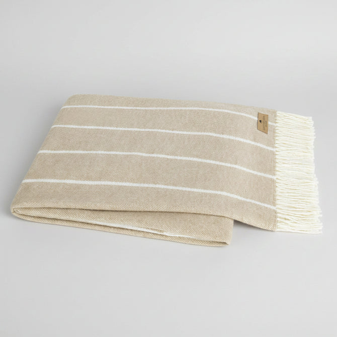Dune Fiji Stripe Throw Blanket, light beige with white stripes, fringe, 50% cotton/50% acrylic.