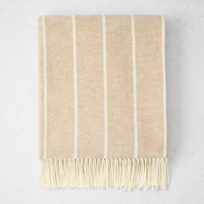 Dune Fiji Stripe Throw Blanket, light beige with vertical cream stripes and fringe, 50% Cotton, 50% Acrylic.