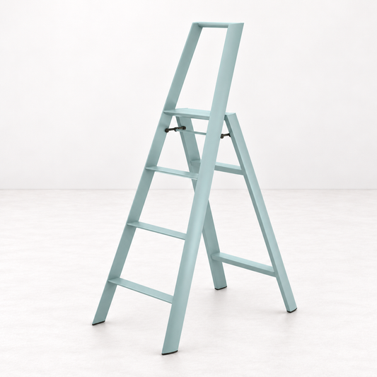 Dusty blue Hasegawa Lucano 4-step ladder in aluminum and steel with a matte finish and safety latch.