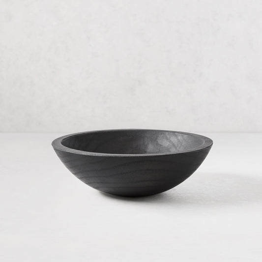 Ebonized wood bowl, 11" diameter, dark finish highlighting wood grain, handcrafted from spalted New England wood.