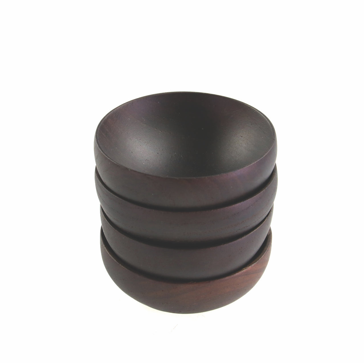 Stack of four dark brown ebony teak wood pinch bowls, 2.5" Dia x 1"H.