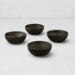 Set of 4 dark ebony teak wood pinch bowls, 2.5" Dia x 1"H, with visible wood grain.