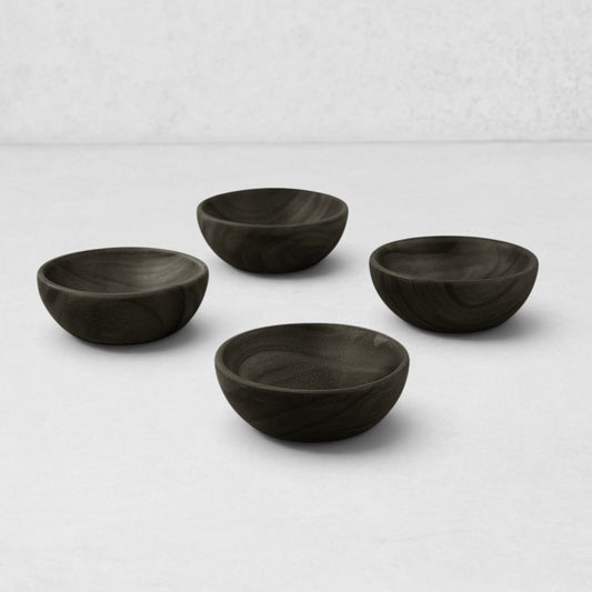 Set of 4 dark ebony teak wood pinch bowls, 2.5" Dia x 1"H, with visible wood grain.