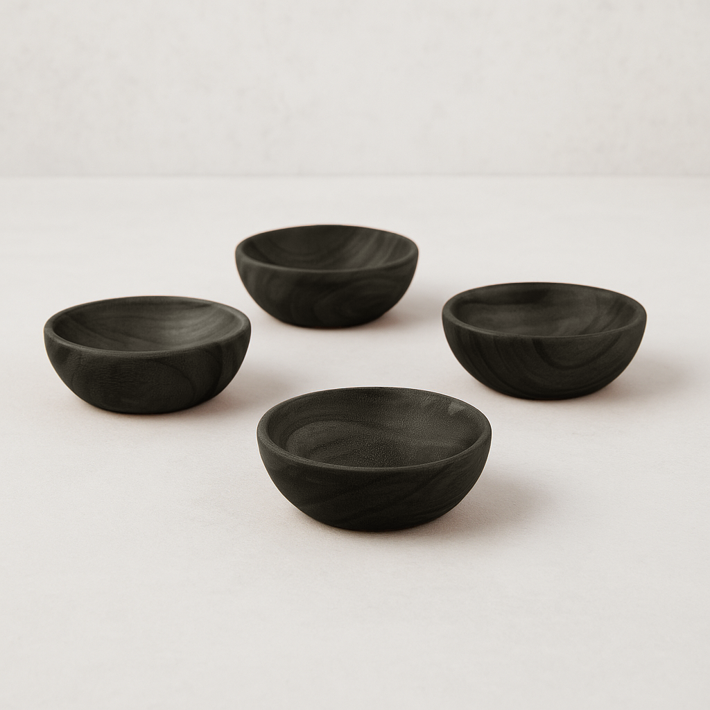 Set of 4 dark ebony teak wood pinch bowls, 2.5" Dia x 1"H, with visible wood grain.