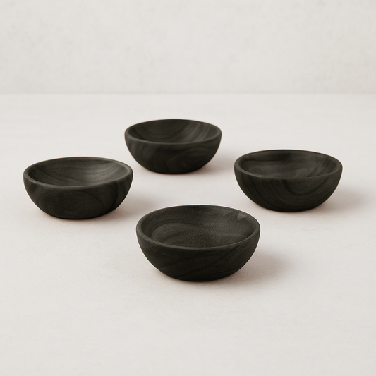 Set of 4 dark ebony teak wood pinch bowls, 2.5" Dia x 1"H, with visible wood grain.