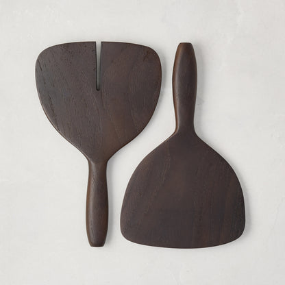 Ebony Teak Wood Short-Handled 2-Piece Serving Set; dark brown, wide, handcrafted teak wood servers.