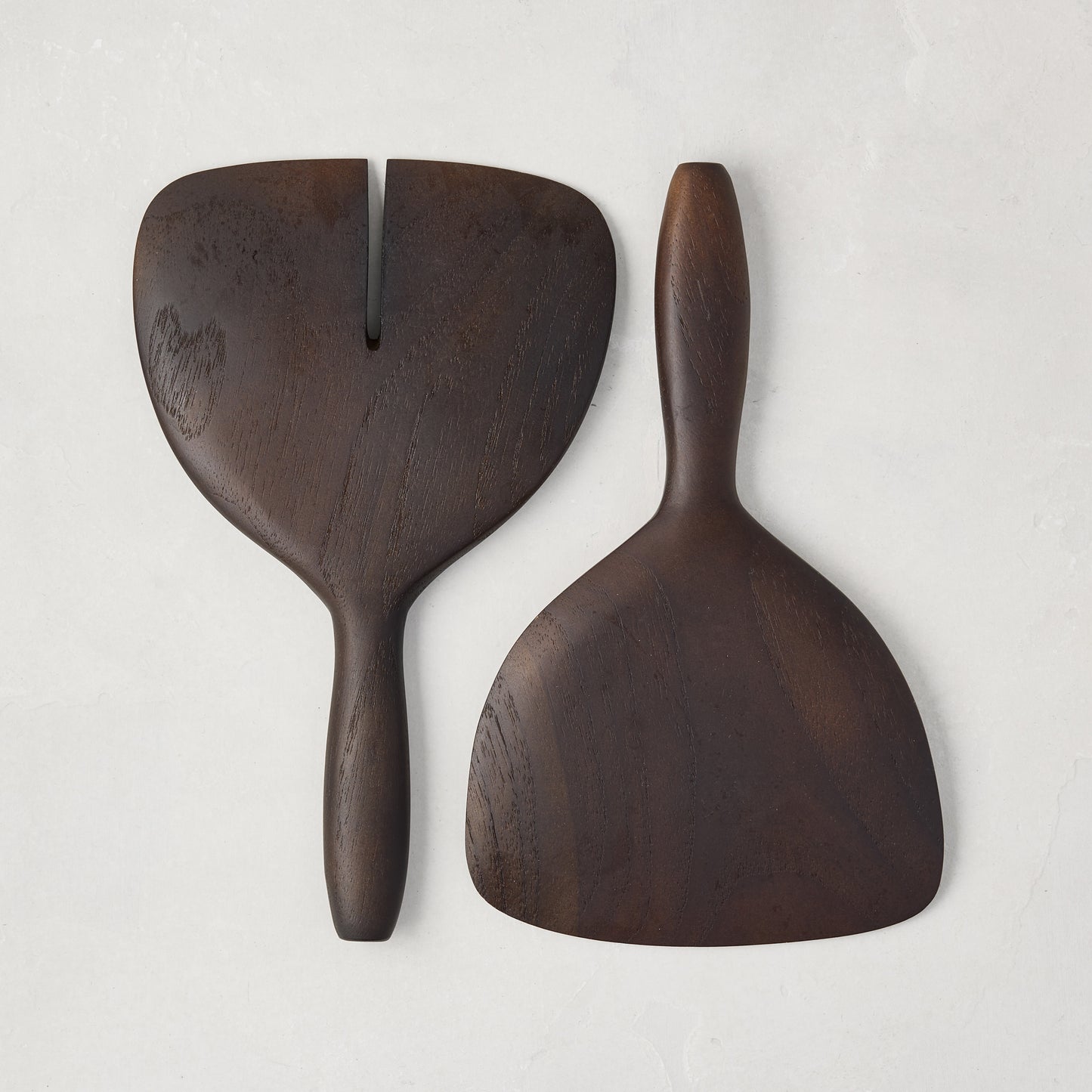 Ebony Teak Wood Short-Handled 2-Piece Serving Set: dark brown, wide, handcrafted teak wood servers.