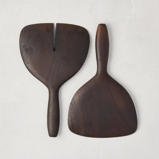 Ebony Teak Wood Short-Handled 2-Piece Serving Set: dark brown, wide, handcrafted teak wood servers.
