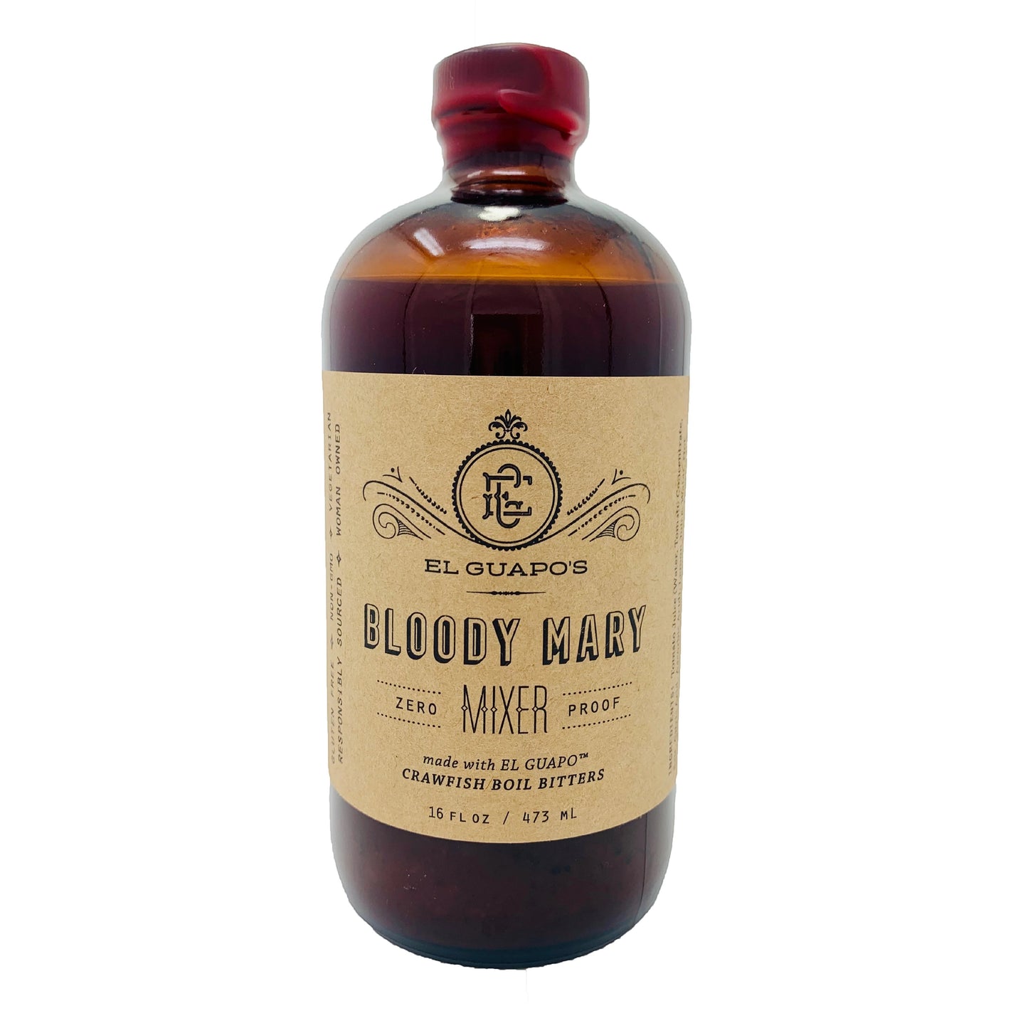 El Guapo Bloody Mary Mixer, 16.5oz amber glass bottle with a craft paper label and red cap.