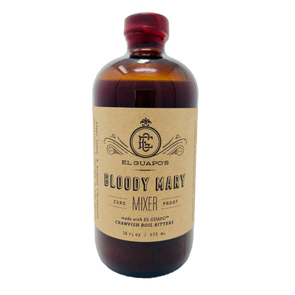 El Guapo Bloody Mary Mixer, 16.5oz amber glass bottle with a craft paper label and red cap.
