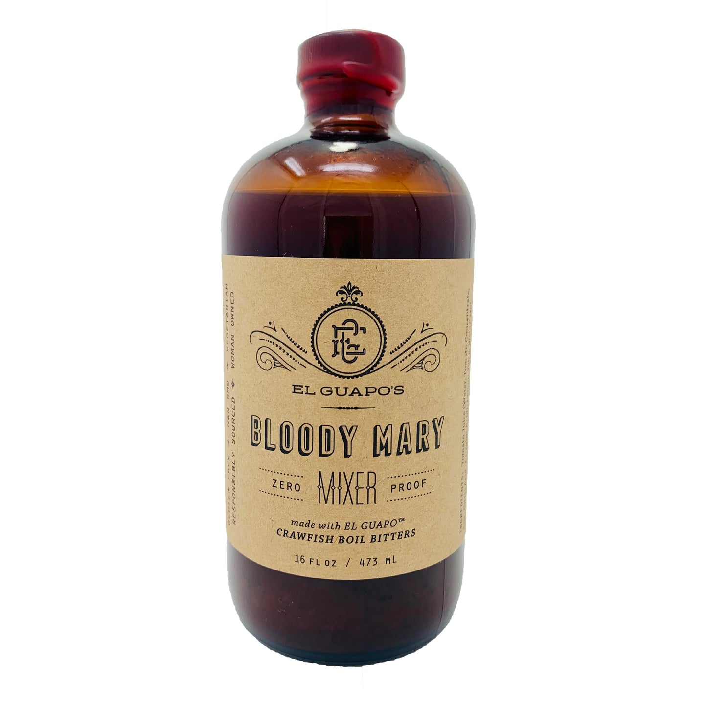 El Guapo Bloody Mary Mixer, 16.5oz amber glass bottle with a craft paper label and red cap.