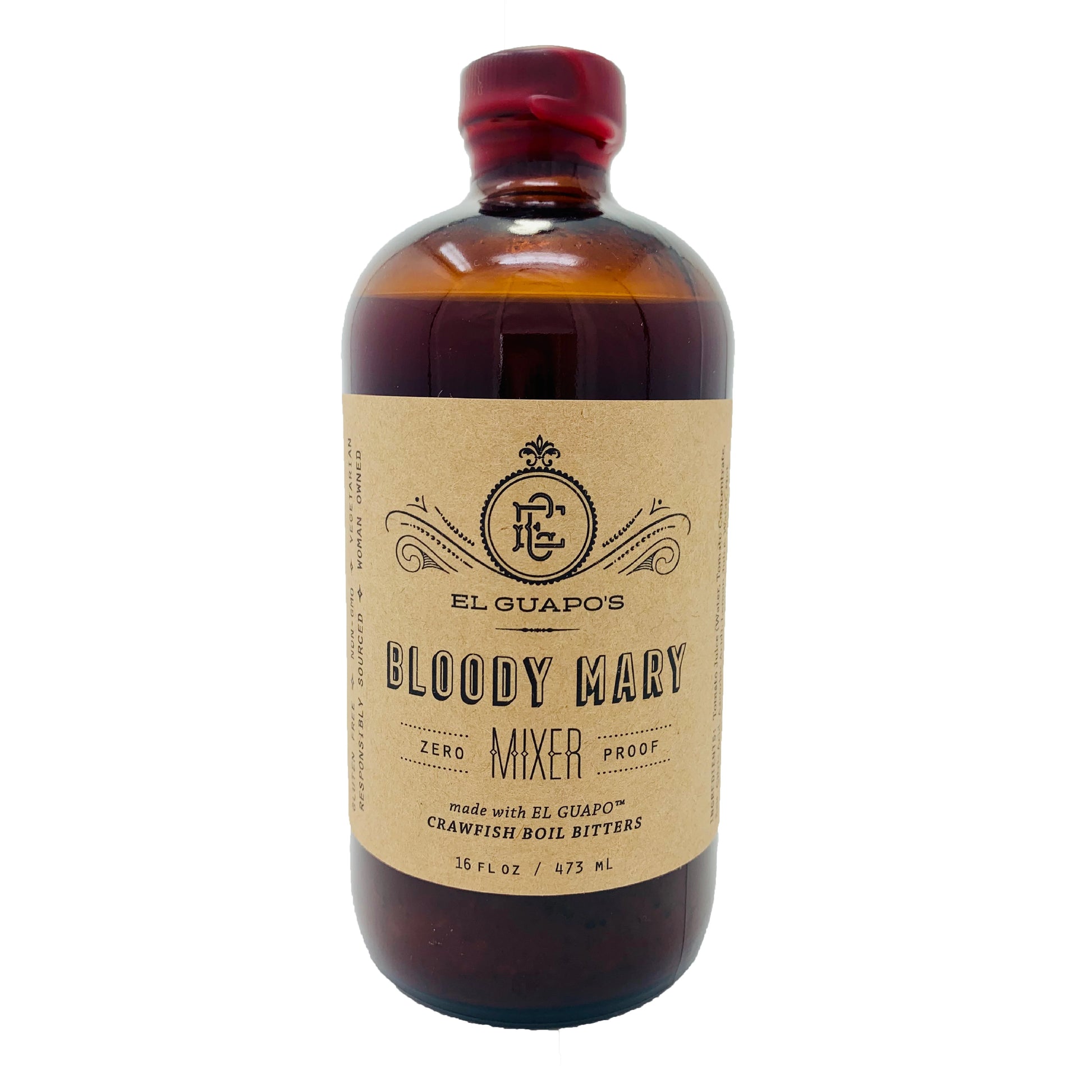 El Guapo Bloody Mary Mixer, 16.5oz amber glass bottle with a craft paper label and red cap.