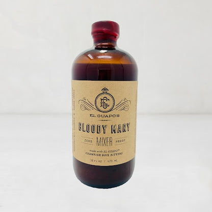 El Guapo Bloody Mary Mixer, 16.5oz amber glass bottle with a red cap and kraft paper label.