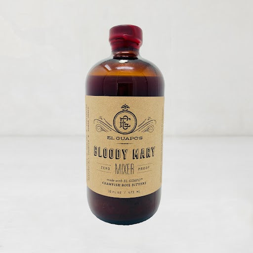 El Guapo Bloody Mary Mixer, 16.5oz amber glass bottle with a red cap and kraft paper label.