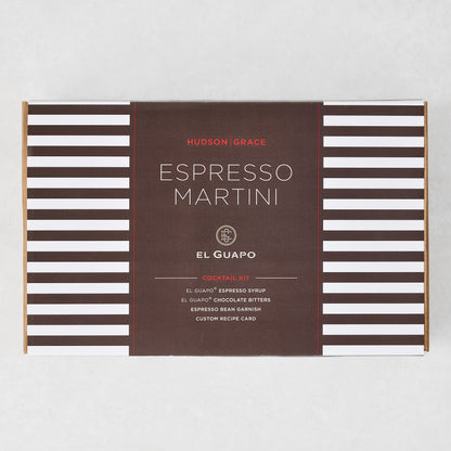 El Guapo Espresso Martini Cocktail Kit in a white and brown striped gift box with a dark brown label.