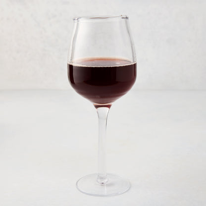 Elijah Large Scissor-Cut Wine Glass, 14 oz, clear thick air-blown glass with red wine.