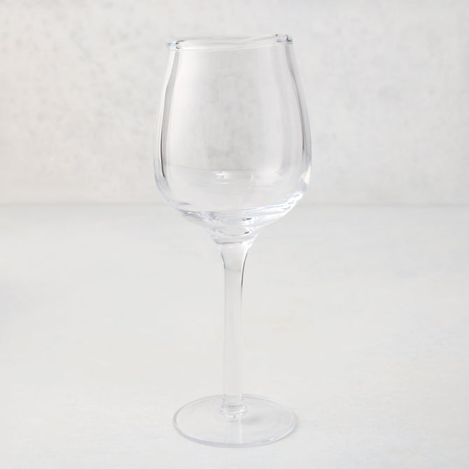 Elijah Large Scissor-Cut Wine Glass, 14 oz, clear thick air-blown glass with a rippled rim.