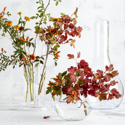Elise Glass Vase: Clear, mouth-blown glass vase with a traditional shape, filled with autumn foliage and berries.
