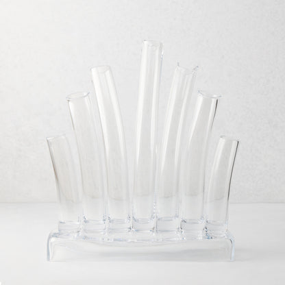 Large Elli clear scissor-cut glass vase with multiple stair-step tubes on a rectangular base.