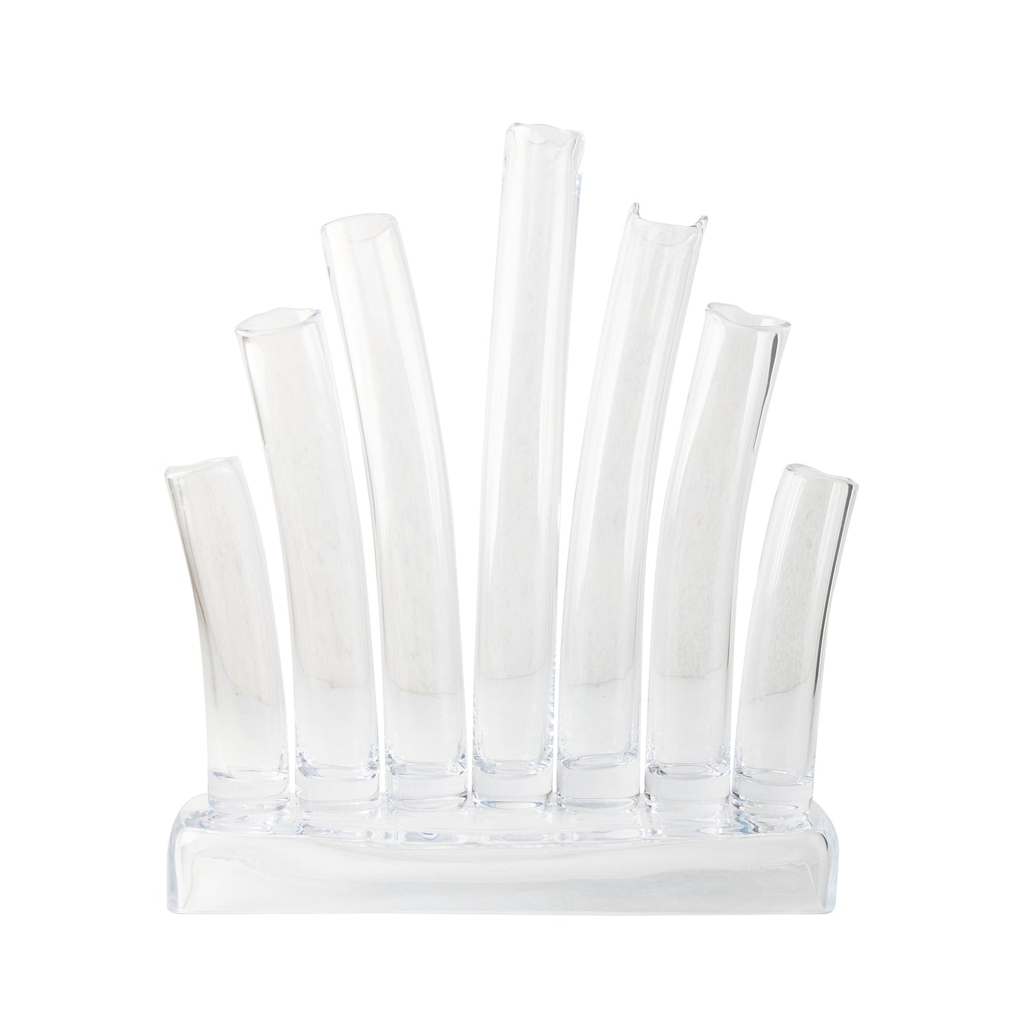 Large Elli clear scissor-cut glass vase with seven individual stair-step tubes on a rectangular base.