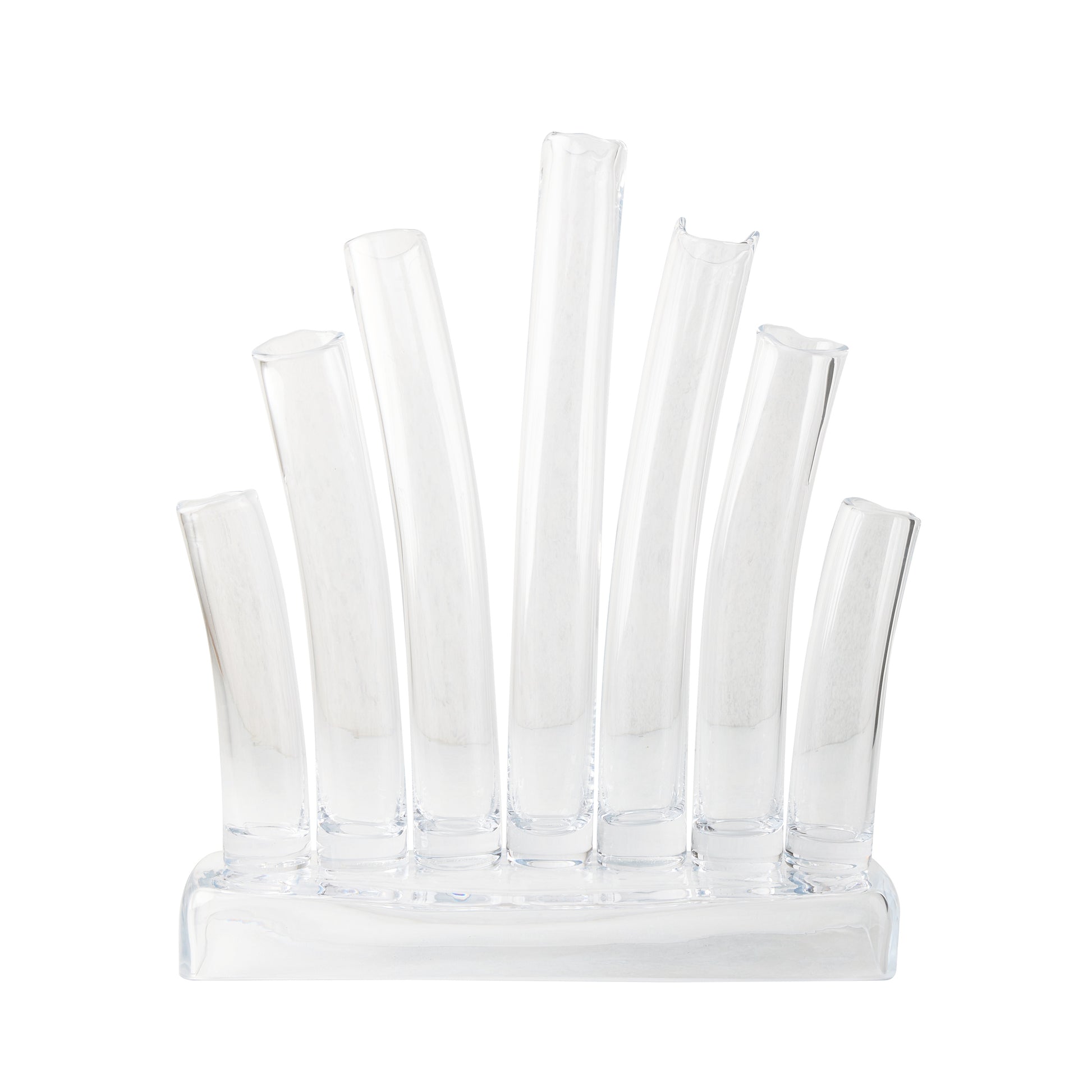 Large Elli clear scissor-cut glass vase with seven individual stair-step tubes on a rectangular base.